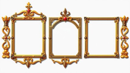 Ornate medieval style UI frames with royal GUI bars and glossy borders for arcade games, featuring cartoon 3D modern illustrations, glossy, web design, modern