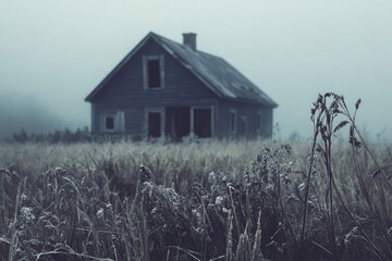 A single-story house situated amidst a lush field of tall grass, with a rustic charm