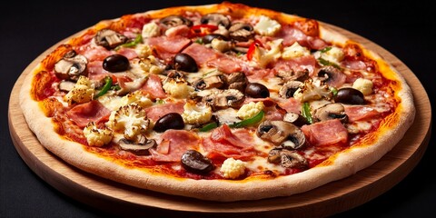 Delicious pizza featuring ham, mushrooms, cauliflower, olives, cheese, and sweet pepper, beautifully presented on a dark background, showcasing the vibrant toppings of this mouthwatering pizza.