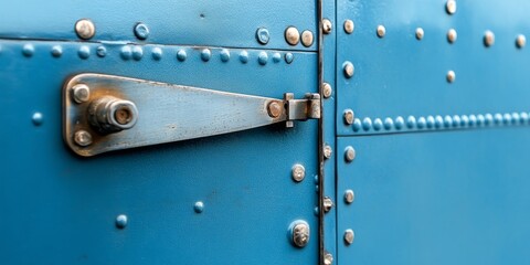 Curved metal door hinge pin on a blue painted door and cabin of a small aircraft showcases intricate design and craftsmanship of essential aircraft components.
