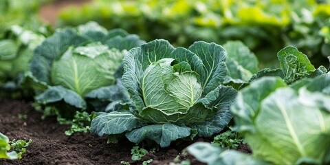 Naklejka premium Green Savoy cabbage thriving in a vibrant vegetable patch during the summer season, showcasing the lush growth and health of Green Savoy cabbage in a garden environment.