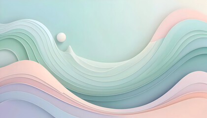 Abstract Pastel Papercut Landscape Serene Flowing Waves and Sphere