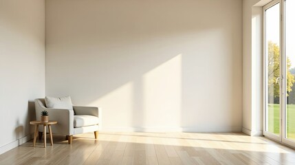 Fototapeta premium Serene Minimalist Room Interior Design with Sunlight Streaming Through a Large Window, Featuring a Comfortable Armchair and Small Side Table