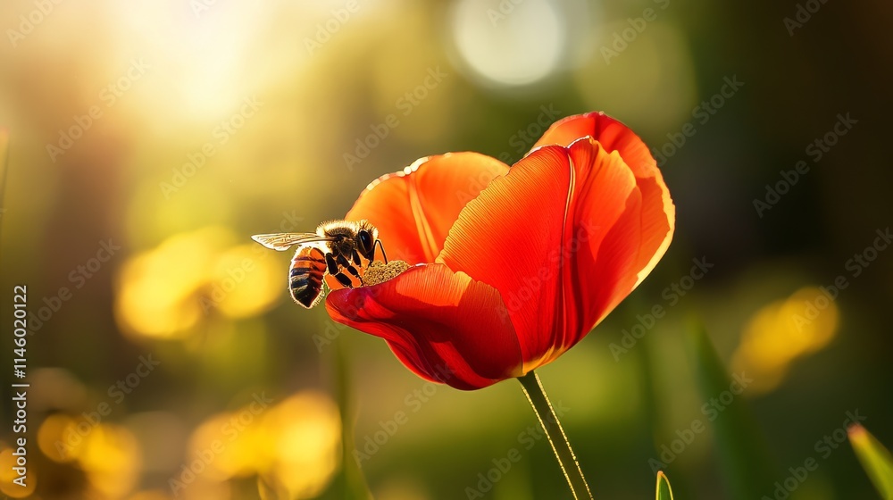 Poster a single red tulip with a bee collecting pollen, low-angle shot, nature style