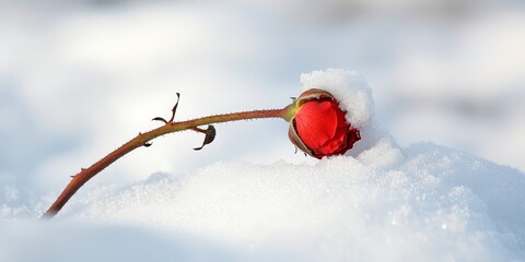 Close up of a wild rose stem nestled in winter snow, showcasing the beauty of the wild rose during the cold season, highlighting the intricate details of the wild rose in its natural setting.