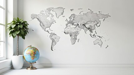 Obraz premium A Serene Room Decorated with a World Map and Globe, Evoking a Sense of Wanderlust and Global Exploration