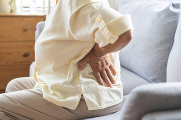 Pain body muscles stiff problem, suffer asian aged woman painful back, symptom injury ache from...