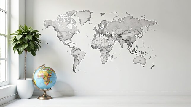 A Serene Room Decorated with a World Map and Globe, Evoking a Sense of Wanderlust and Global Exploration