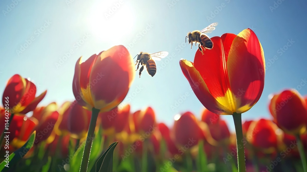 Poster a single red tulip with a bee collecting pollen, low-angle shot, nature style