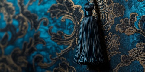 A classic tassel is placed against a backdrop of blue and black colors, showcasing its vintage charm. The vintage tassel stands out due to the contrasting blue and black setting.