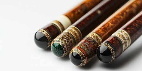 Billiard cues displayed on a white background, showcasing intricate details. A close up view captures essential elements of a billiard cue, emphasizing its craftsmanship and design.