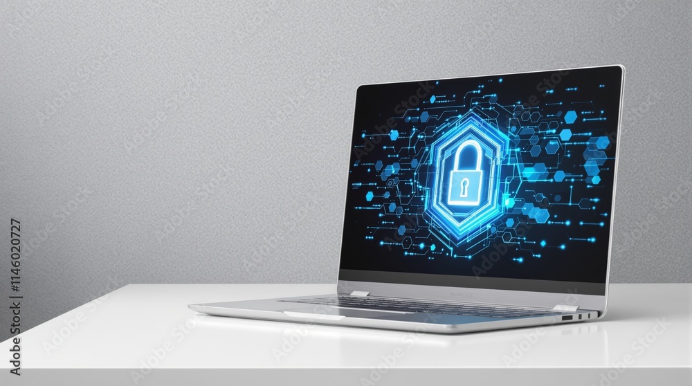Poster Laptop displaying a digital security interface with a glowing padlock icon.