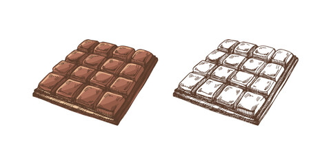 Hand-drawn colored and monochrome chocolate bar sketch in vintage style illustration