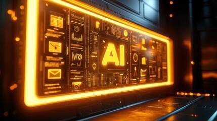 Fototapeta premium A glowing screen with the word AI in orange letters. Generative AI