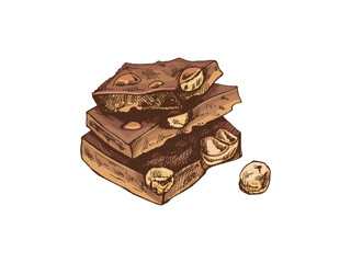 Stack of handmade colored  chocolate sketch of pieces with nuts vintage style