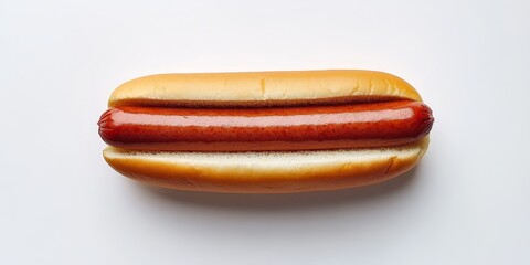 A hotdog is placed in a sandwich, and it is set against a plain white background, making it stand out. The combination of the hotdog and sandwich is clearly visible against the white.