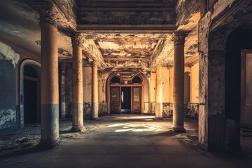 Obraz premium A neglected building with crumbling columns and a doorway, perfect for use in scenes about abandonment or decay