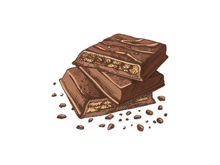 Stack of chocolate bars with crumbs in colored sketch style