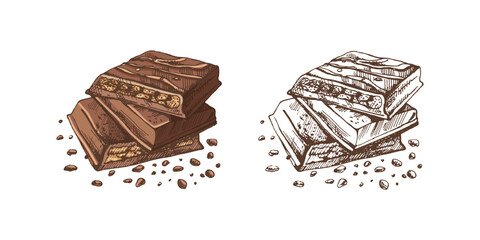 Colored and monochrome sketch of stack of chocolate bars with crumbs in sketch style