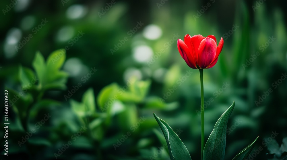 Poster a single red tulip with a soft focus background of green foliage, minimalist shot, nature's simplici