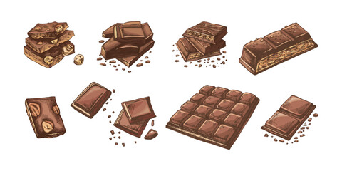 Hand-drawn colored chocolate illustrations set featuring bars and chunks