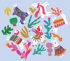 Set of cactuses and white llamas, alpacas in winter sweaters, scarf, hats isolated on light blue background. Vector illustration