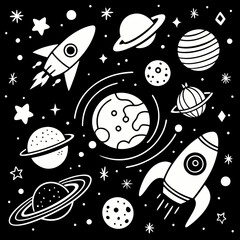 Space themed doodle art in monochrome