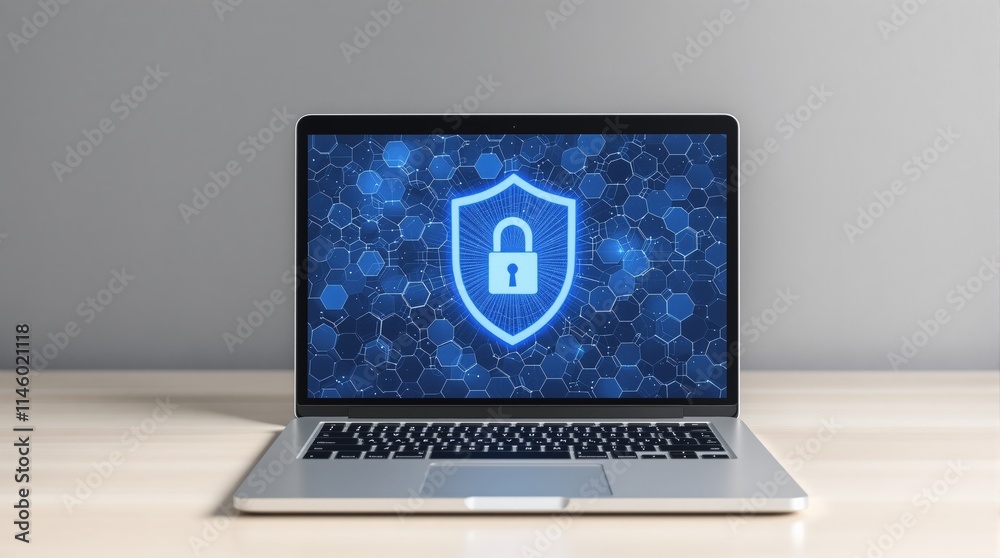 Poster Laptop screen displaying a security shield with a padlock on a hexagonal digital background.