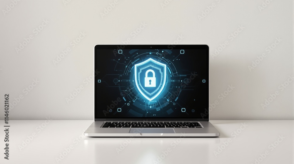 Poster laptop screen showing digital shield with padlock on white desk.