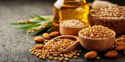 Naklejka premium Foods high in vitamin E include a variety of nutrient dense options such as wheat germ oil and dried wheat germ. Incorporating foods rich in vitamin E like hazelnuts, almonds, and sunflower seeds