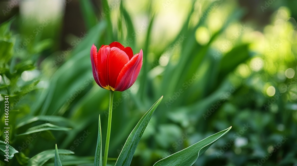 Poster a single red tulip with a soft focus background of green foliage, minimalist shot, nature's simplici