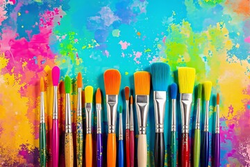 Fototapeta premium Colorful paintbrushes on vibrant splatter background.