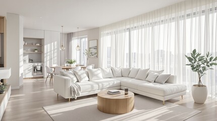 Fototapeta premium Bright modern living room and kitchen with white furniture and natural light.
