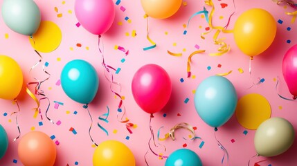 Colorful Balloons and Confetti on Pink Background for Celebrations, Parties, Birthdays, and Festive Events, Bringing Joy and Cheer to Any Occasion