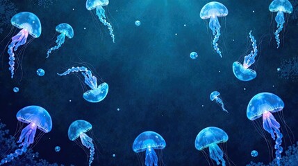 Naklejka premium Mesmerizing Underwater Scene Featuring a School of Luminescent Jellyfish Gracefully Drifting in a Deep Ocean Current