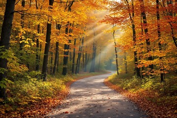 Fototapeta premium Serene autumn pathway through vibrant forest foliage illuminated by sunlight.