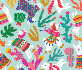 White llamas, alpacas in winter sweaters, scarf, hats and cactuses isolated on mint background. Pattern Design