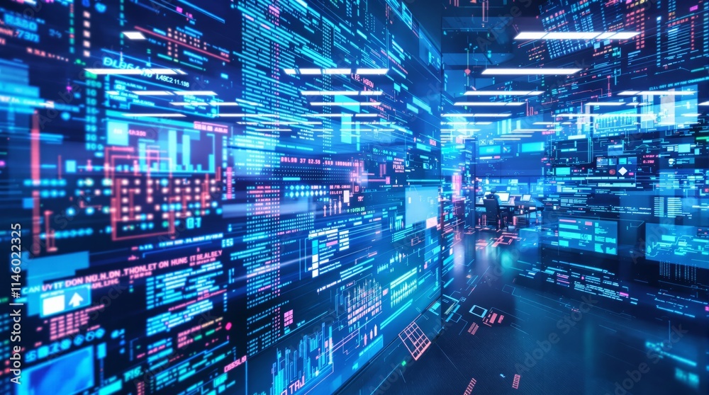 Aufkleber Futuristic digital control room with glowing holographic data displays.