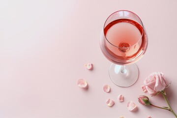 Rose wine background. Delicate rose wine in a glass on a soft pink background with free space, accompanied by scattered petals and a charming rose, perfect for wine enthusiasts and minimalistic decor.