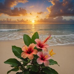 A tropical arrangement of hibiscus and plumeria flowers with a beach sunset background.