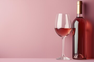 A glass and bottle of rose wine are elegantly displayed against a soft pink background, creating a minimalistic and sophisticated vibe for wine enthusiasts. Wine background