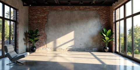 Sunlit Industrial Loft Interior with Exposed Brick and Concrete Wall, Modern Chair and Lush Greenery