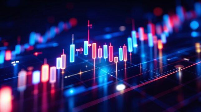 Abstract candlestick chart illustration with glowing blue and red bars on a dark digital background.