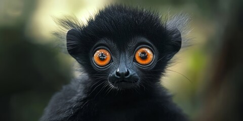 Obraz premium Adorable black lemur with stunning eyes that express genuine emotions. This super cute black lemur captivates with its charm and expressive gaze, showcasing the beauty of black lemurs.