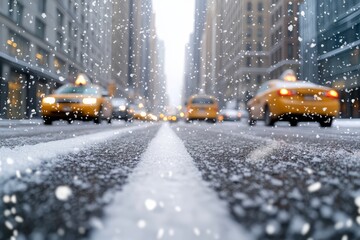 Snowy Urban Street with Yellow Taxis in Winter Cityscape