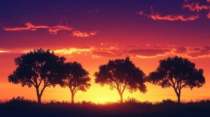 Naklejka premium Stunning landscape featuring the silhouette of trees against a vibrant sunset, creating a beautiful landscape that captivates with its serene and picturesque charm. Enjoy the beauty of this landscape.
