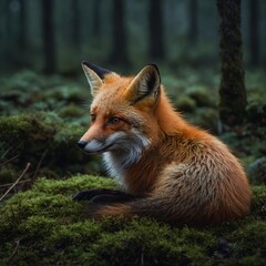 Fototapeta premium A red fox curled up on soft moss, with delicate mushrooms glowing in the forest's twilight.