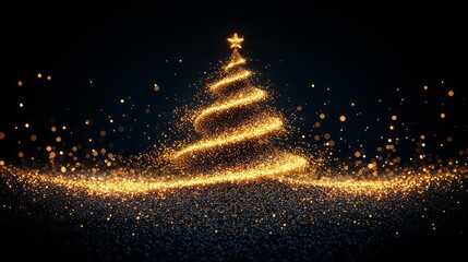 Naklejka premium symetrical christmas tree made from lines of gold glitter on simple black background