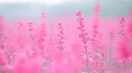 Naklejka premium Vibrant pink flower fields create a stunning summer scene, showcasing a beautiful floral blur background that highlights the essence of summer flowers in full bloom.