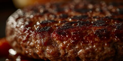Close up of a juicy hamburger patty showcasing its texture and deliciousness, emphasizing the appeal of the juicy hamburger patty in every detail for food enthusiasts and burger lovers.